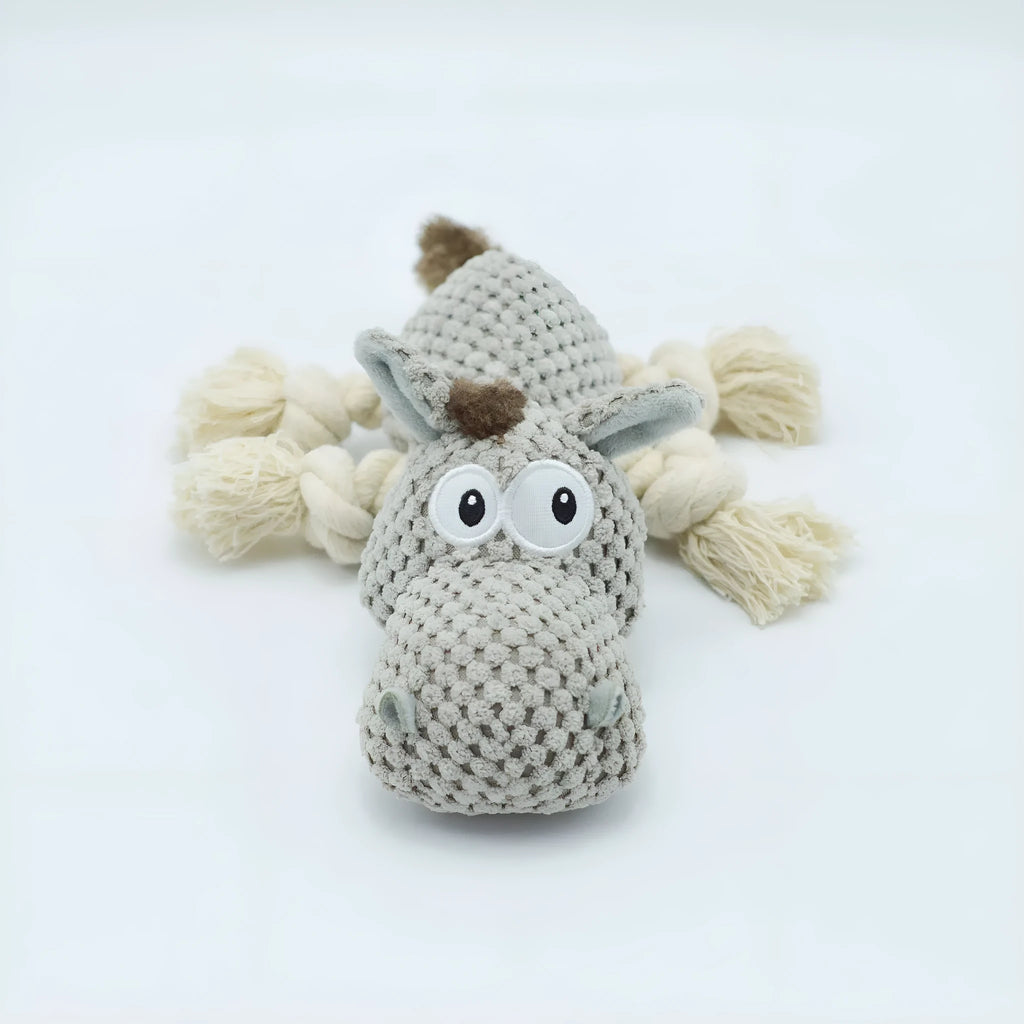 Grey plush donkey dog toy with squeaker measuring 27cm long