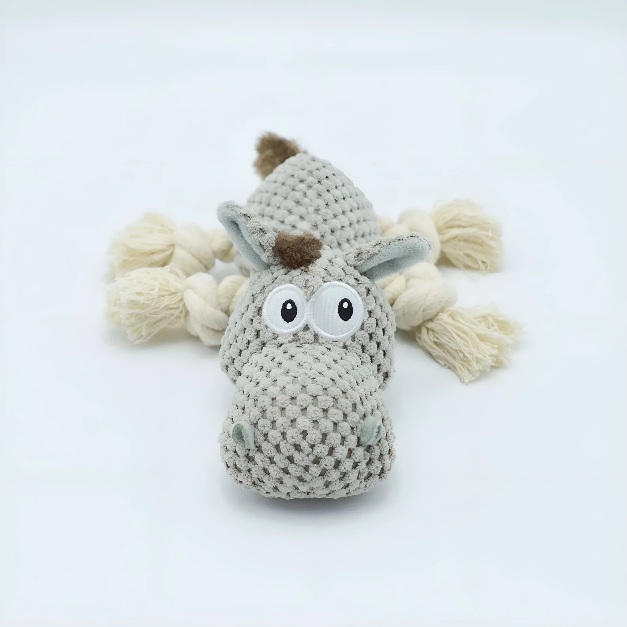 Grey plush donkey dog toy with squeaker measuring 27cm long