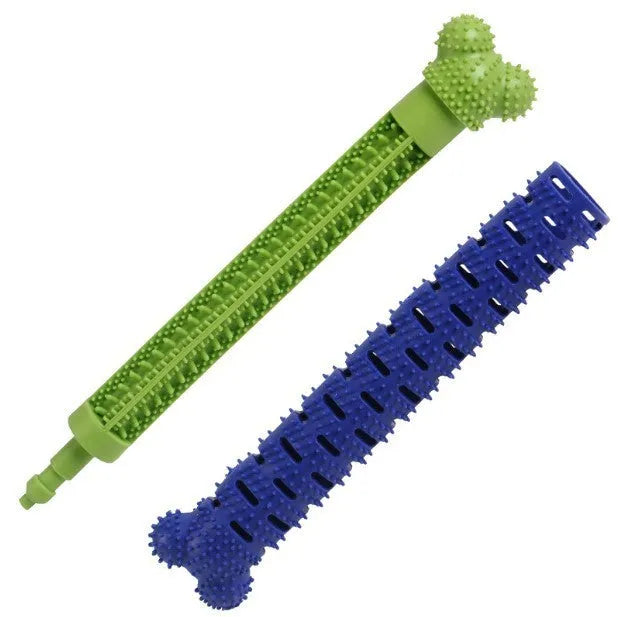 Blue-green silicone dog dental cleaning stick with serrated brush head and food crevice, 25cm long
