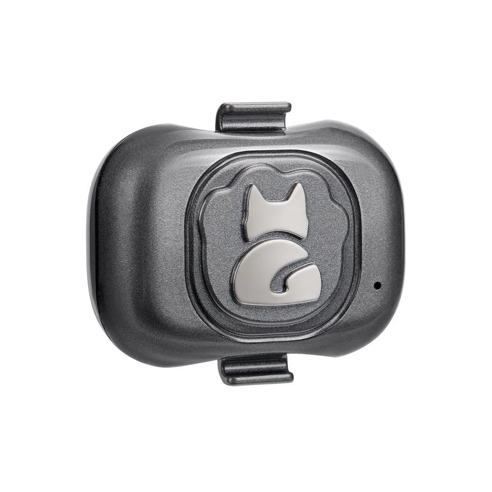 Black pet GPS tracker device with hanging rope for collar attachment