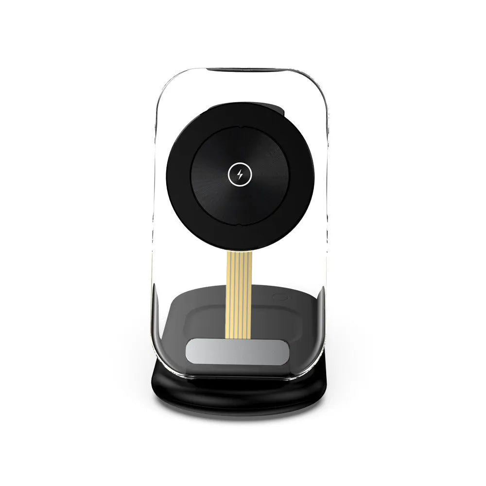Transparent folding magnetic wireless fast charger in black on a table.