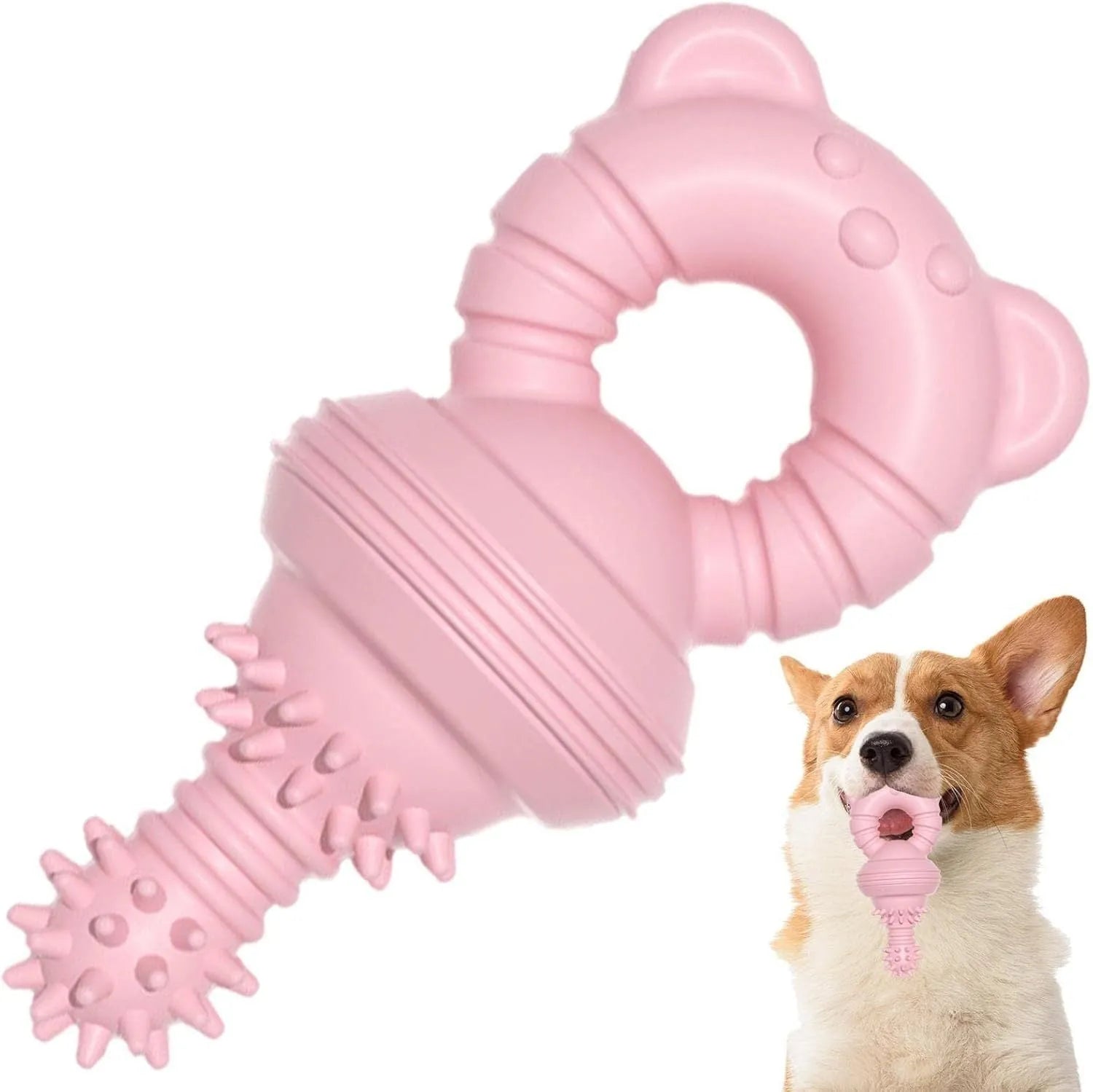 Blue molar-shaped rubber dog chew toy with textured surface for aggressive chewers