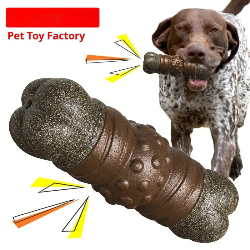 Wood colour plastic sounding bone dog toothbrush molar rod chew toy for dental hygiene.