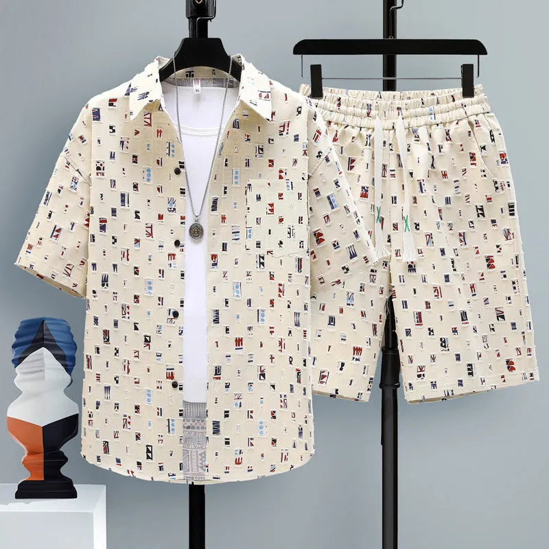 Men's casual sports shorts two-piece set in polyester, showing short sleeve top and elasticated shorts.