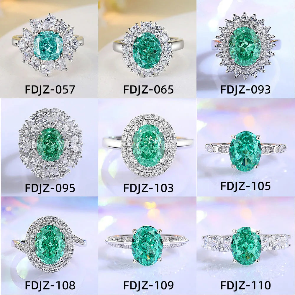 Women's S925 silver ring with emerald stone and high-carbon diamond inlays in geometric ellipse design