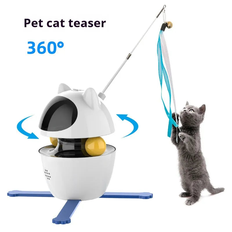 White automatic electronic cat toy with elastic rope and funny stick attachment for indoor feline play