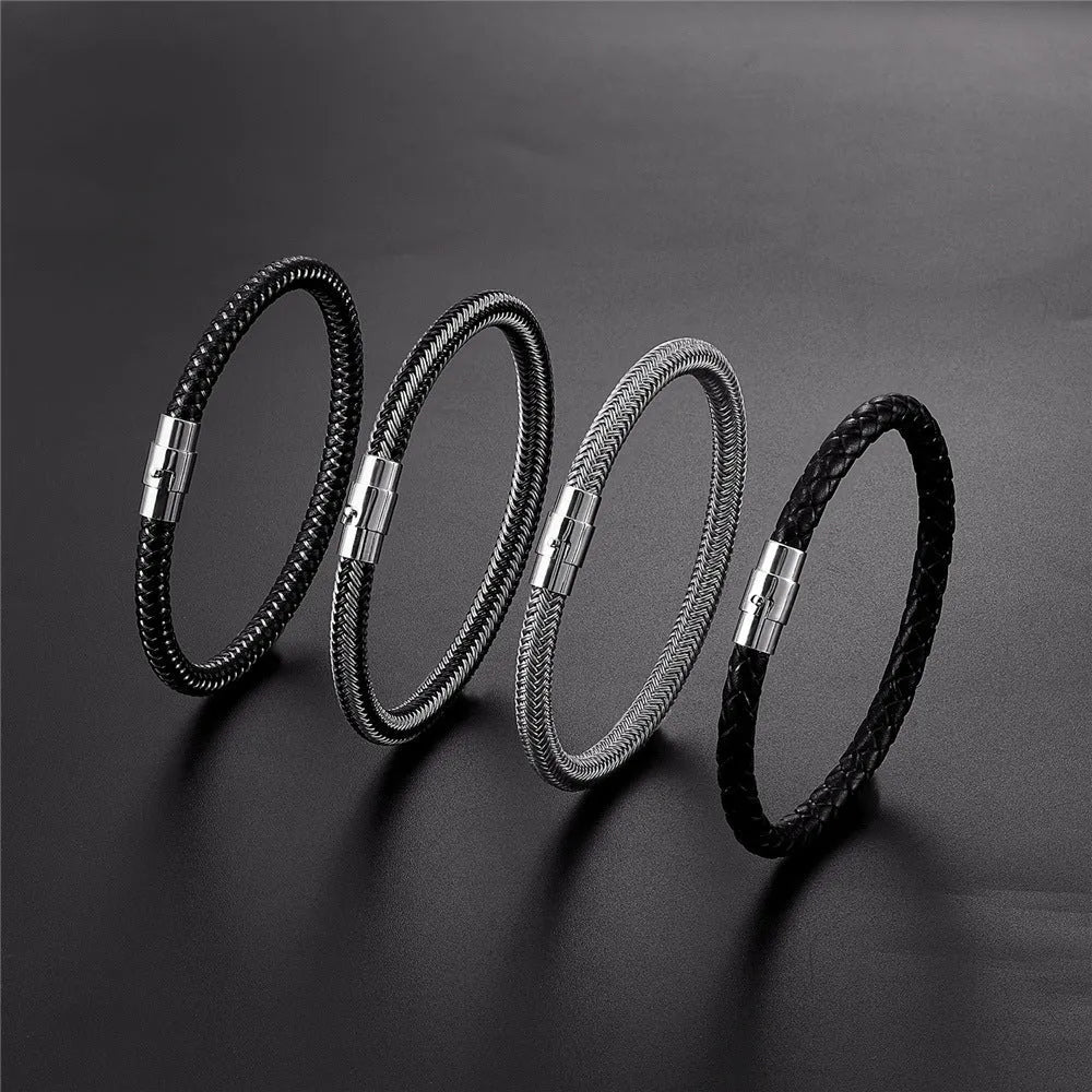 Titanium steel geometric wire bracelet with a magnetic clasp shown in multiple colour options.
