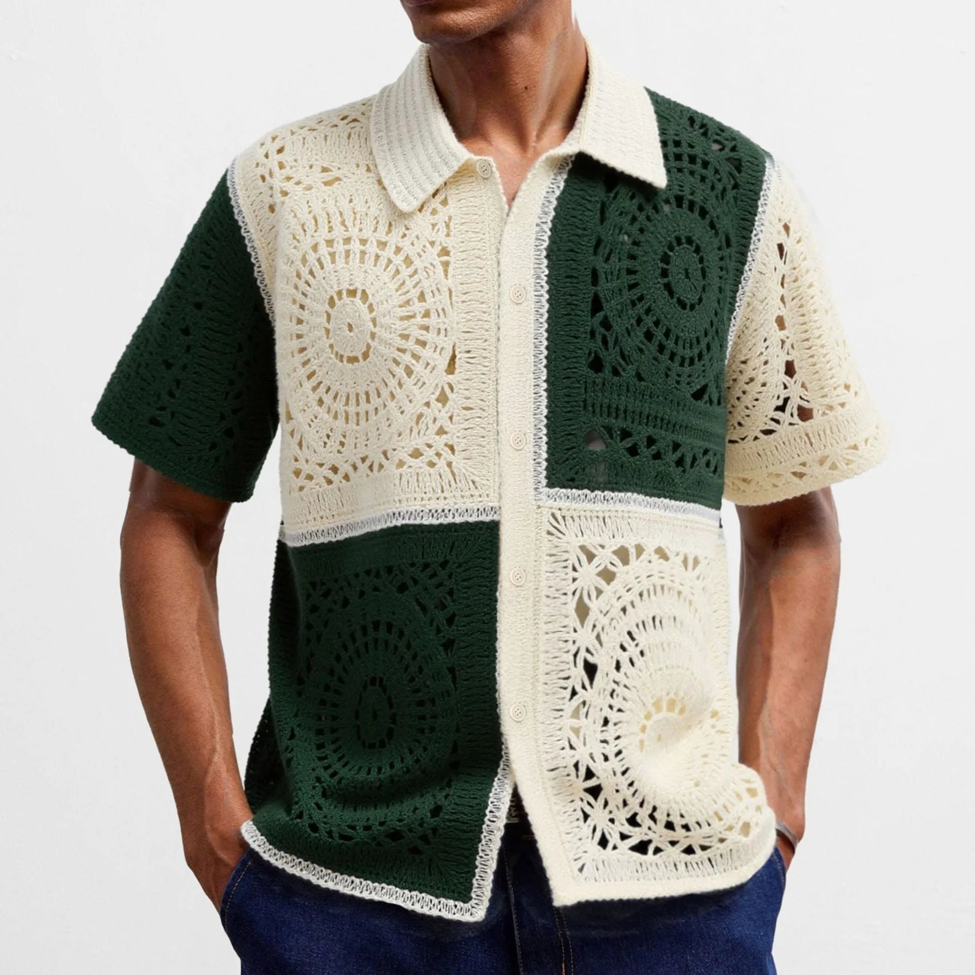Beige men's knitted shirt with colourblock pattern and flocking detail on short sleeves.