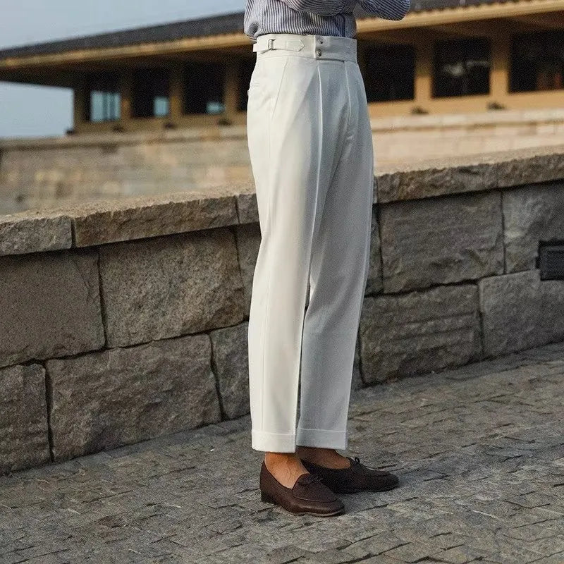 Men's slim fit straight leg suit trousers in black, white, or apricot colours