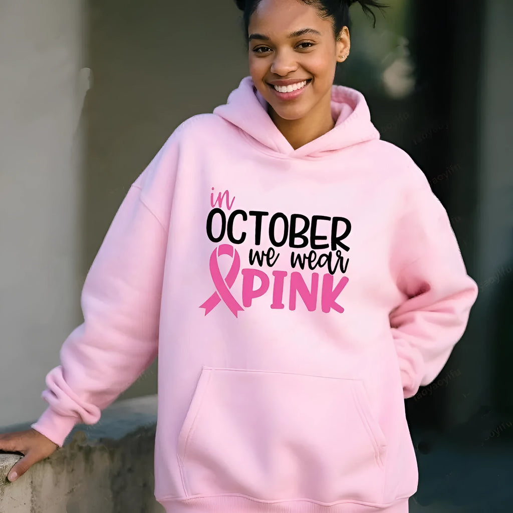 Women's pink retro print pullover hoodie with side seam pockets