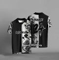 Black loose-fit short sleeve t-shirt with a 3D digital printed graphic design on the front.
