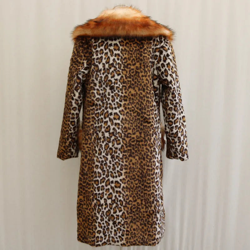 Long women's leopard print faux fur jacket with regular sleeves on a model.