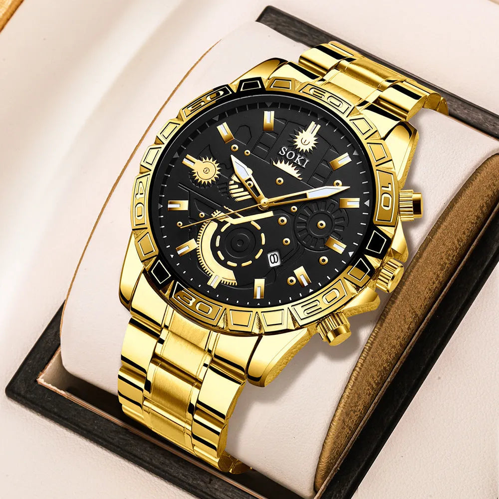 Gold-colour men's quartz watch with stainless steel strap and calendar on dial.