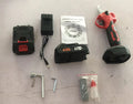 Cordless electric pruning shears with plastic storage box containing two lithium batteries and charger