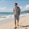 Linen blend short sleeve shirt and shorts beach suit set shown in one of six available colours.