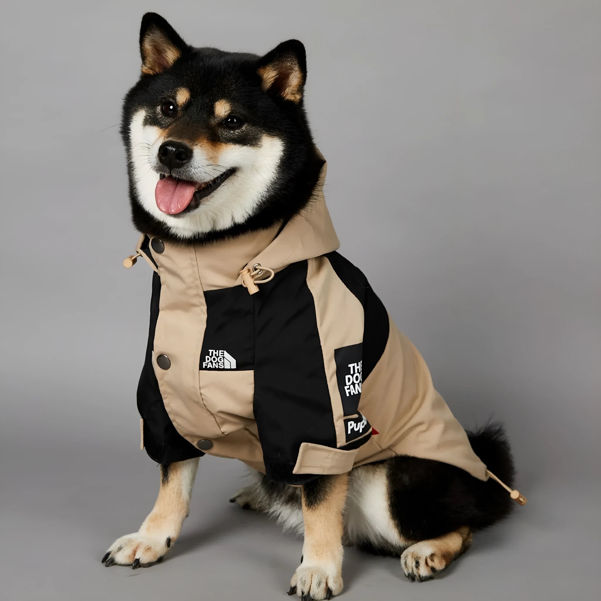 Khaki coloured polyester dog shell jacket shown on mannequin, back and side coverage design