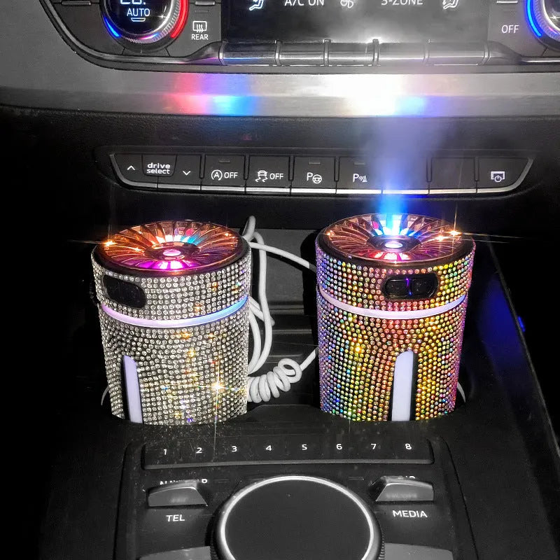 Colourful diamond-style car humidifier with LED lights on a car dashboard