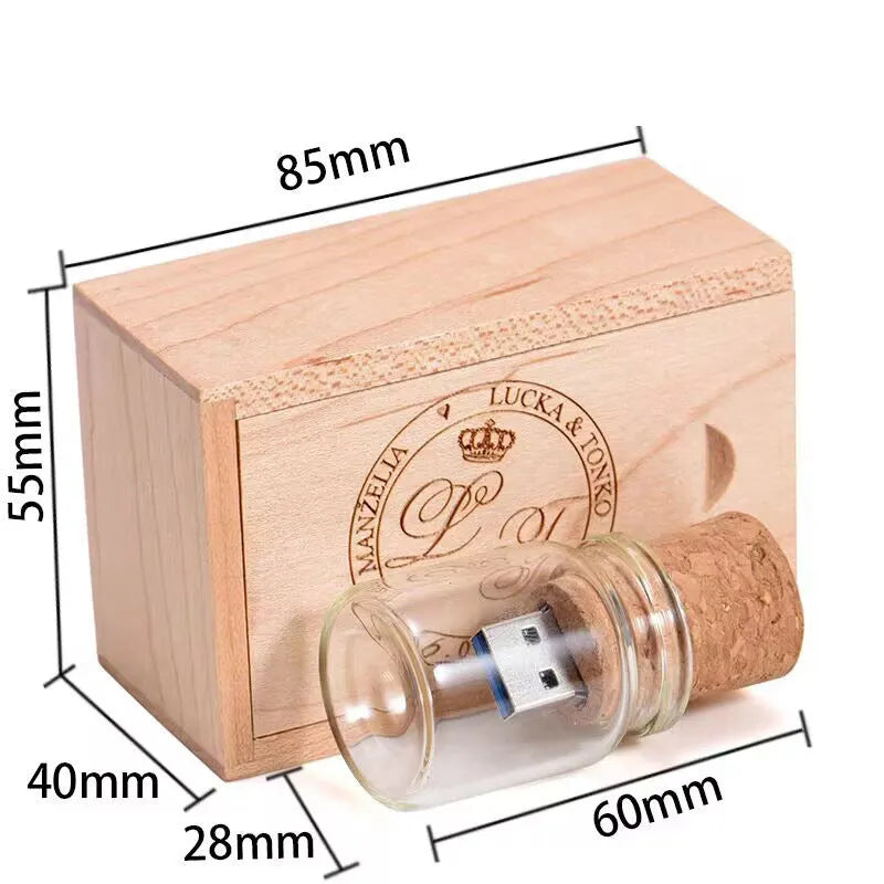 Wooden cork drift bottle design USB flash drive on a plain background.
