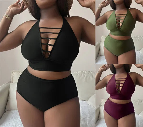 Plus size halter bikini with adjustable straps and high-waisted briefs in solid colour