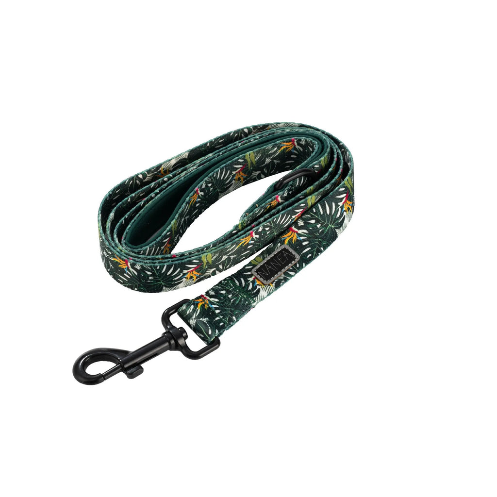 Six-piece adjustable cloth dog harness set with vest, rope, collar, waste bag, bow, and scarf in S, M, L sizes.