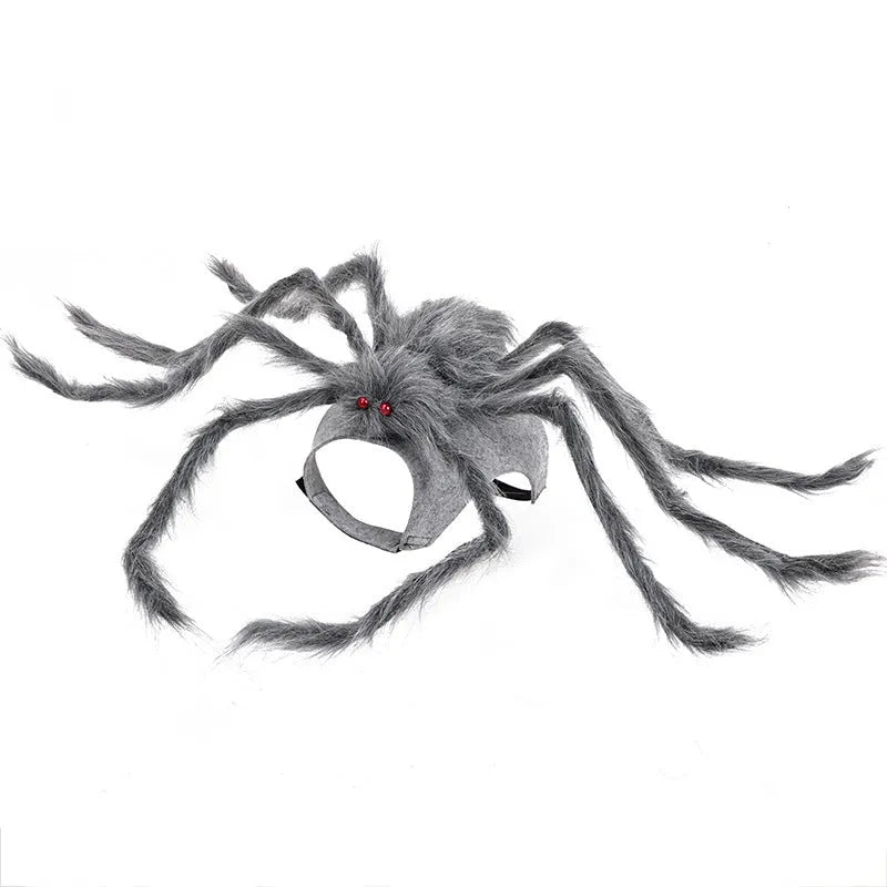 Halloween big spider costume for a dog or cat in grey, brown, black and purple colours.