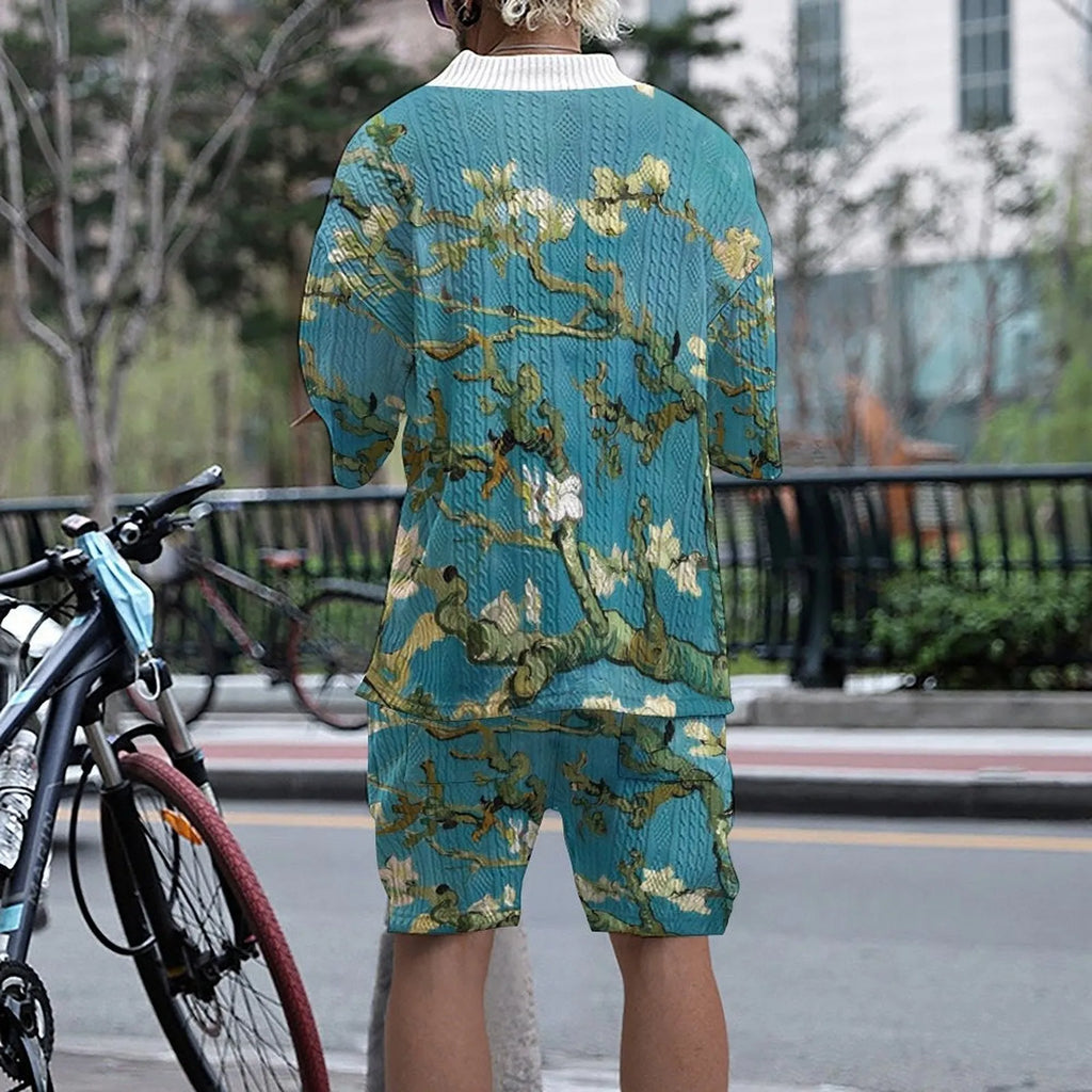 3D printed casual knitted shorts suit in peacock blue with T-shirt jacket and mid-length trousers