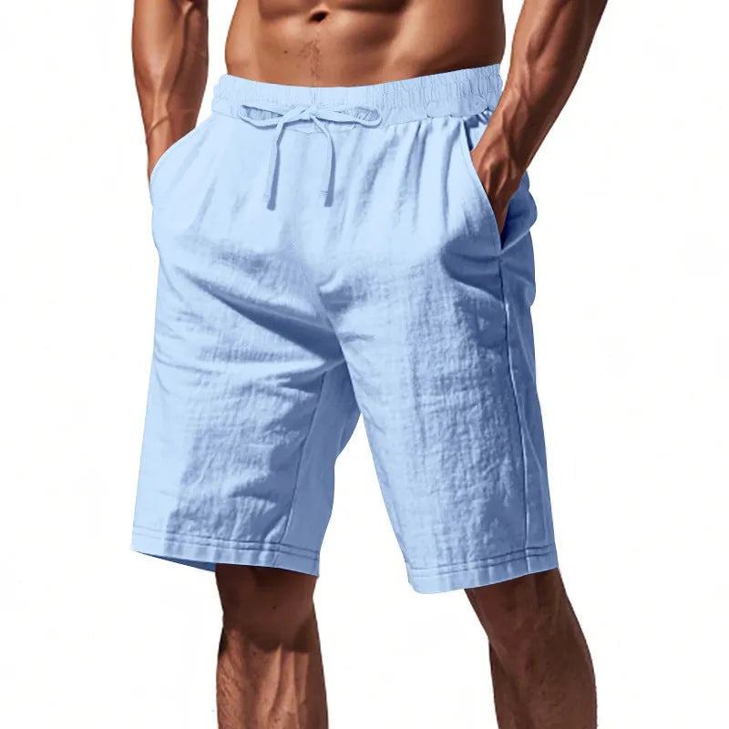 Men's linen beach shorts in solid colour, loose casual straight-leg five length, elasticated waist, summer