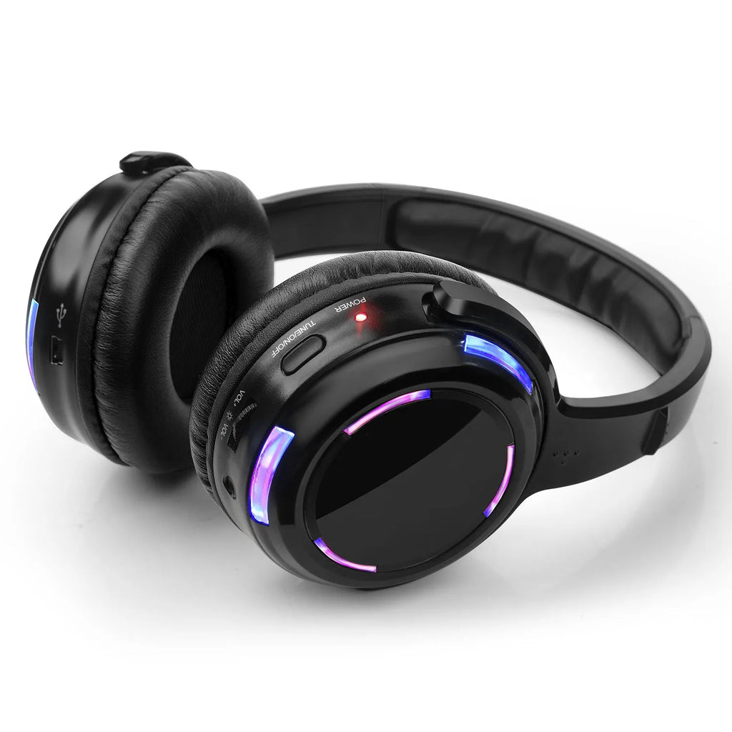Black wireless silent disco headphones with LED light-up disco ball design on headset