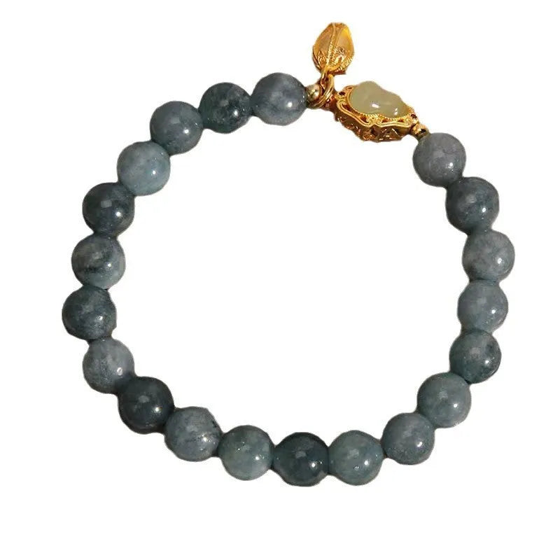 Blue natural stone bracelet with gourd lotus pendant and flower-shaped beads for women