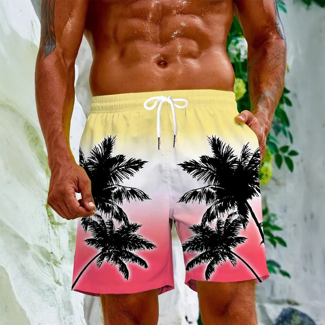 Men's micro-elastic quick-dry swimming trunks in polyester fabric showing size and colour options