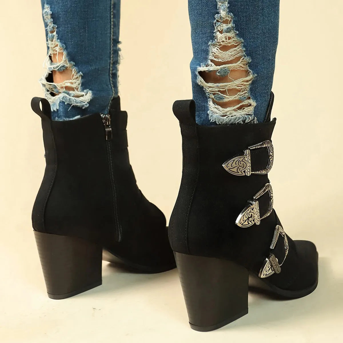 Chunky heel pointed toe retro mid-calf boots with belt buckle design for women, black colour, side view
