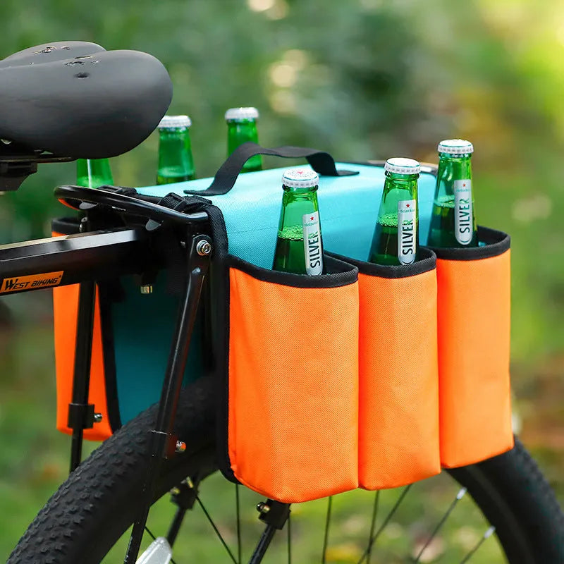 Black and orange double-sided bicycle beverage bag mounted on bike shelf with 2L capacity