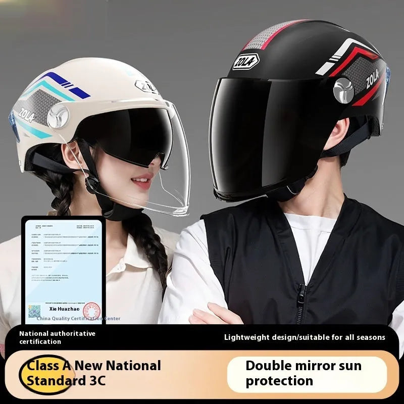 A battery-operated motorcycle half helmet with a double mirror visor in a light brown colour.