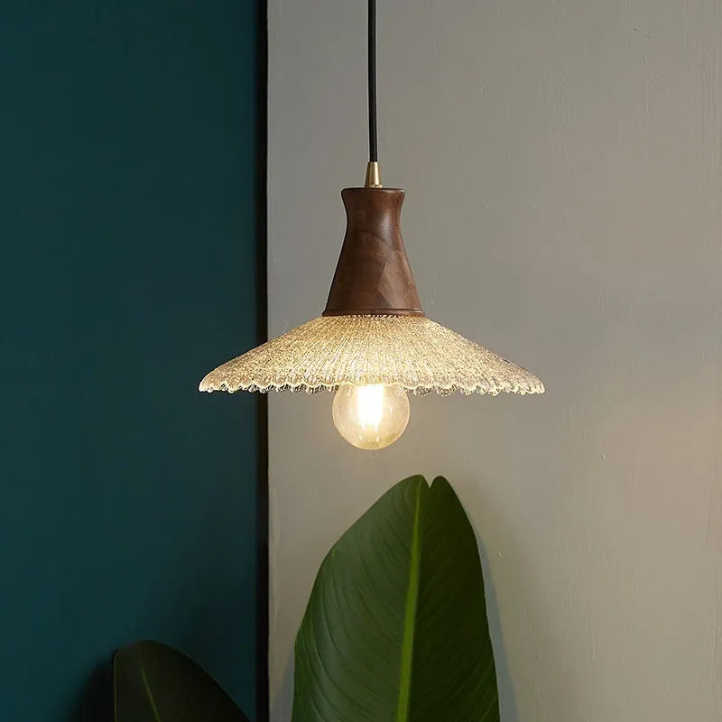 Retro-style wooden body and glass shade brass chandelier ceiling lamp