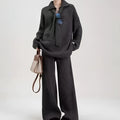 Acrylic imitation cashmere sweater suit two-piece set with collared top and trousers in beige.