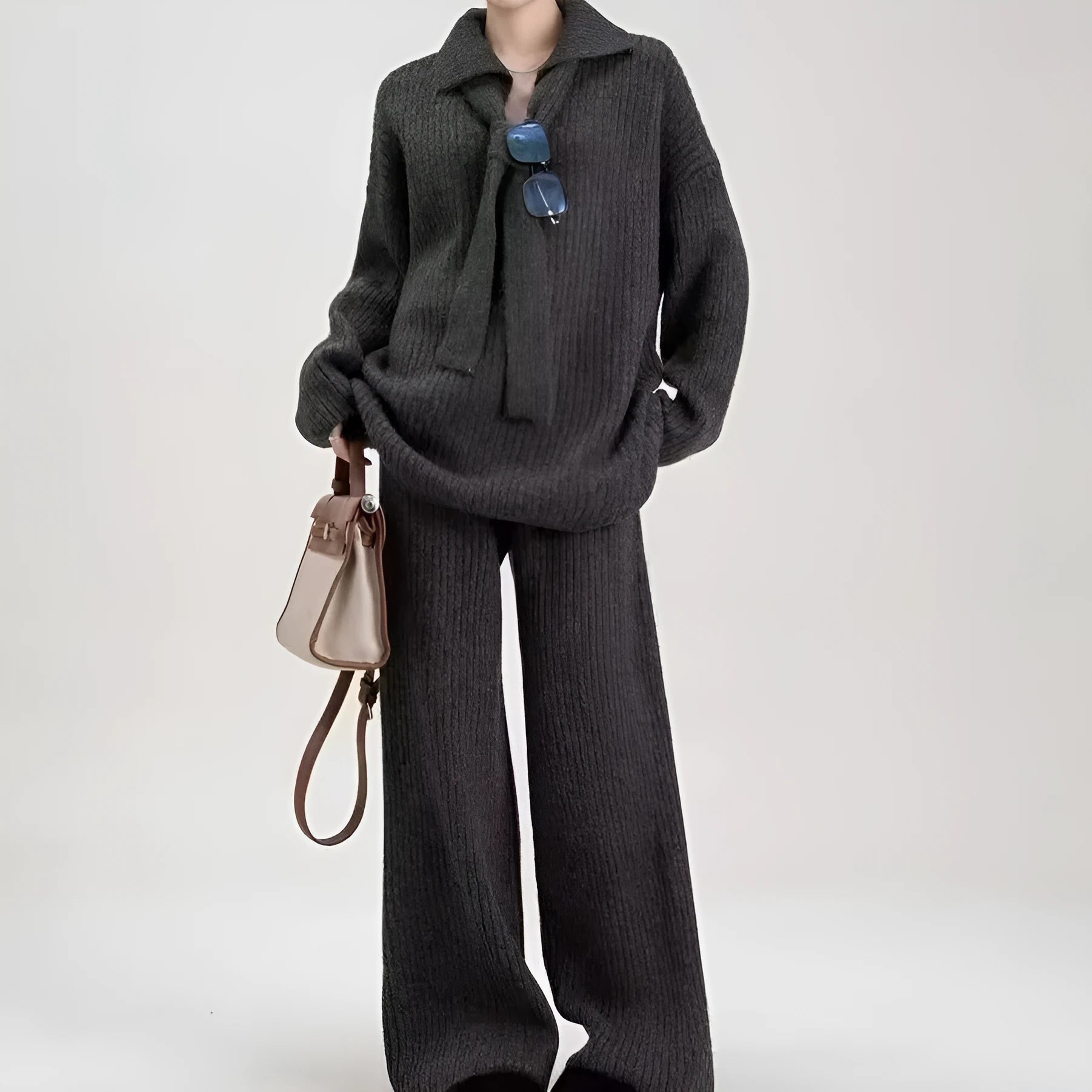 Acrylic imitation cashmere sweater suit two-piece set with collared top and trousers in beige.