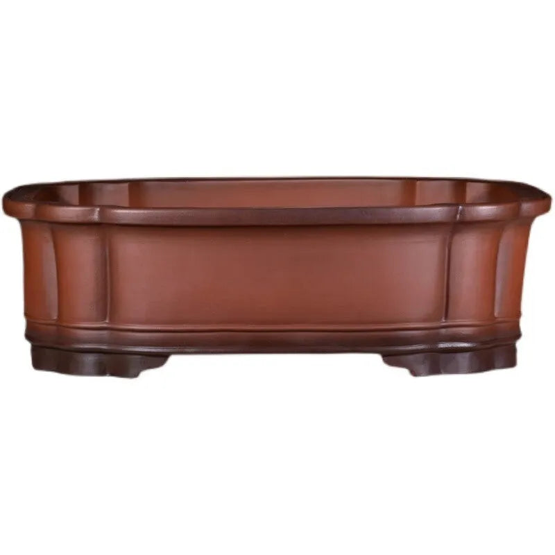 Antique Chinese style purple clay rectangular flowerpot with tree stump and floral relief pattern, 71cm long