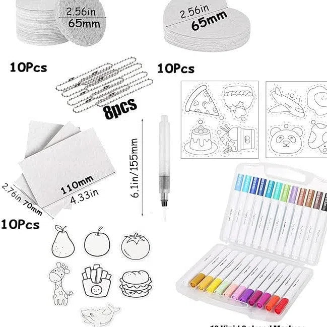 DIY brush set with foam grained paper, 12 marker pens, three fountain pens, beads, chain, and mini easel on a table
