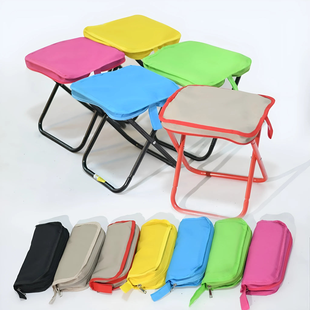Lightweight foldable camping stool in Oxford cloth shown in a khaki colour, folded to a slim profile.