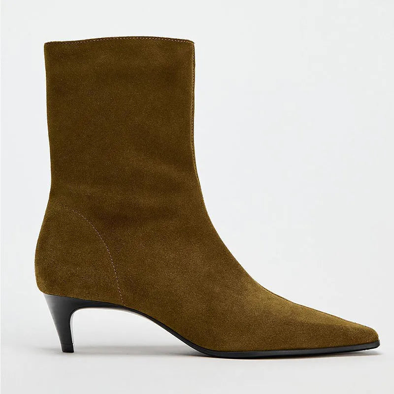 Women's brown square toe ankle boots with a side zipper and a mid kitten heel on a waterproof platform.