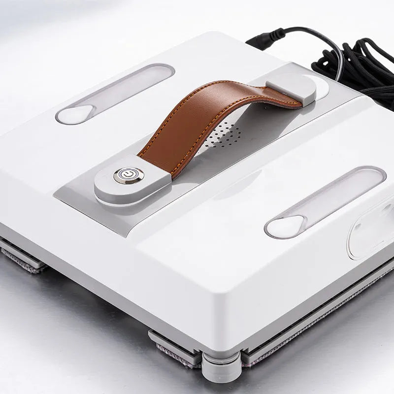White window cleaning robot with four spray nozzles for automated high-rise window washing