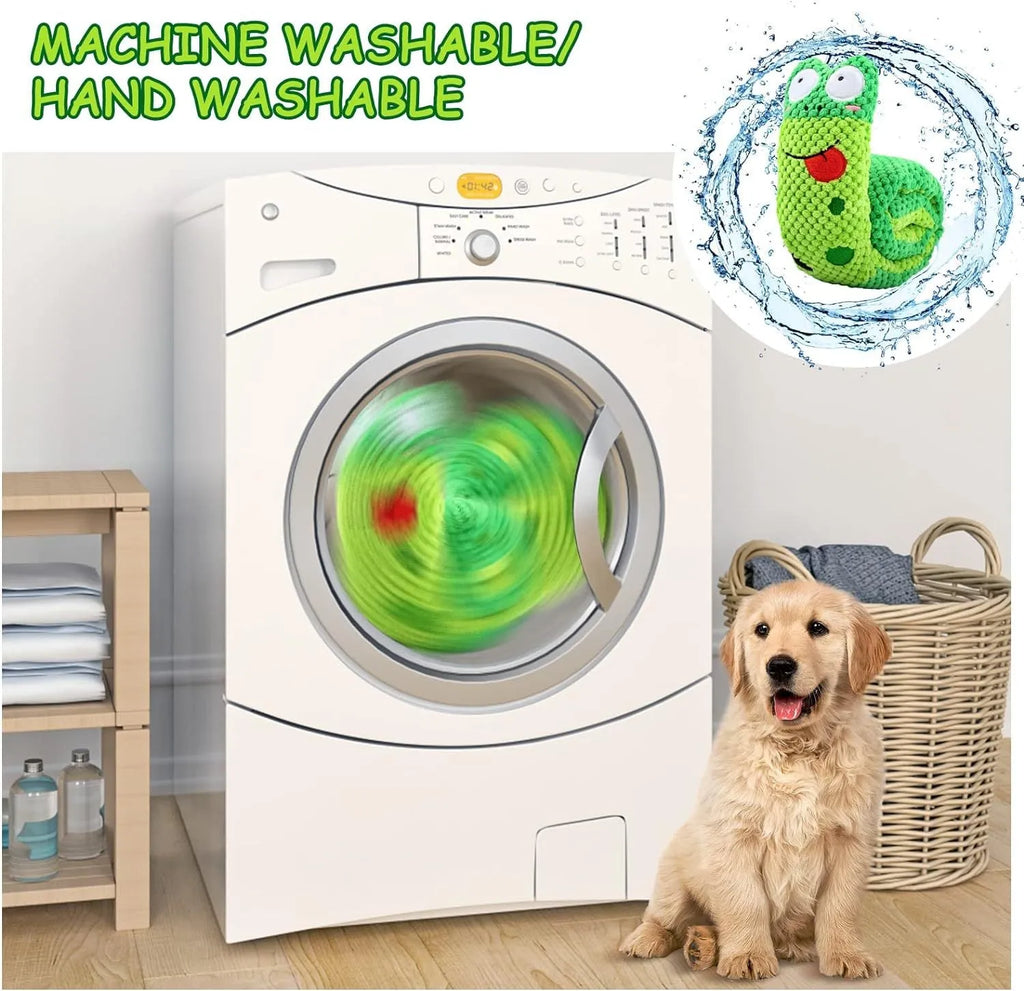 Reversible squeak dog snuffle toy in snail shape with hidden food holes, made of thick green velvet.