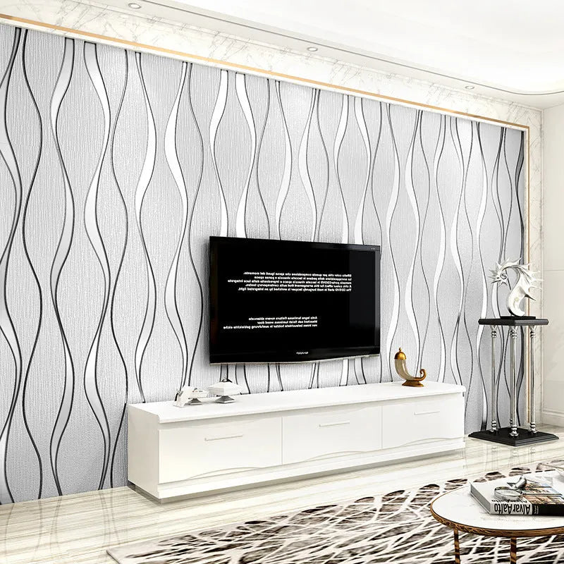 Roll of curve stripe decorative wallpaper with thick deerskin velvet texture in dark brown and light grey.