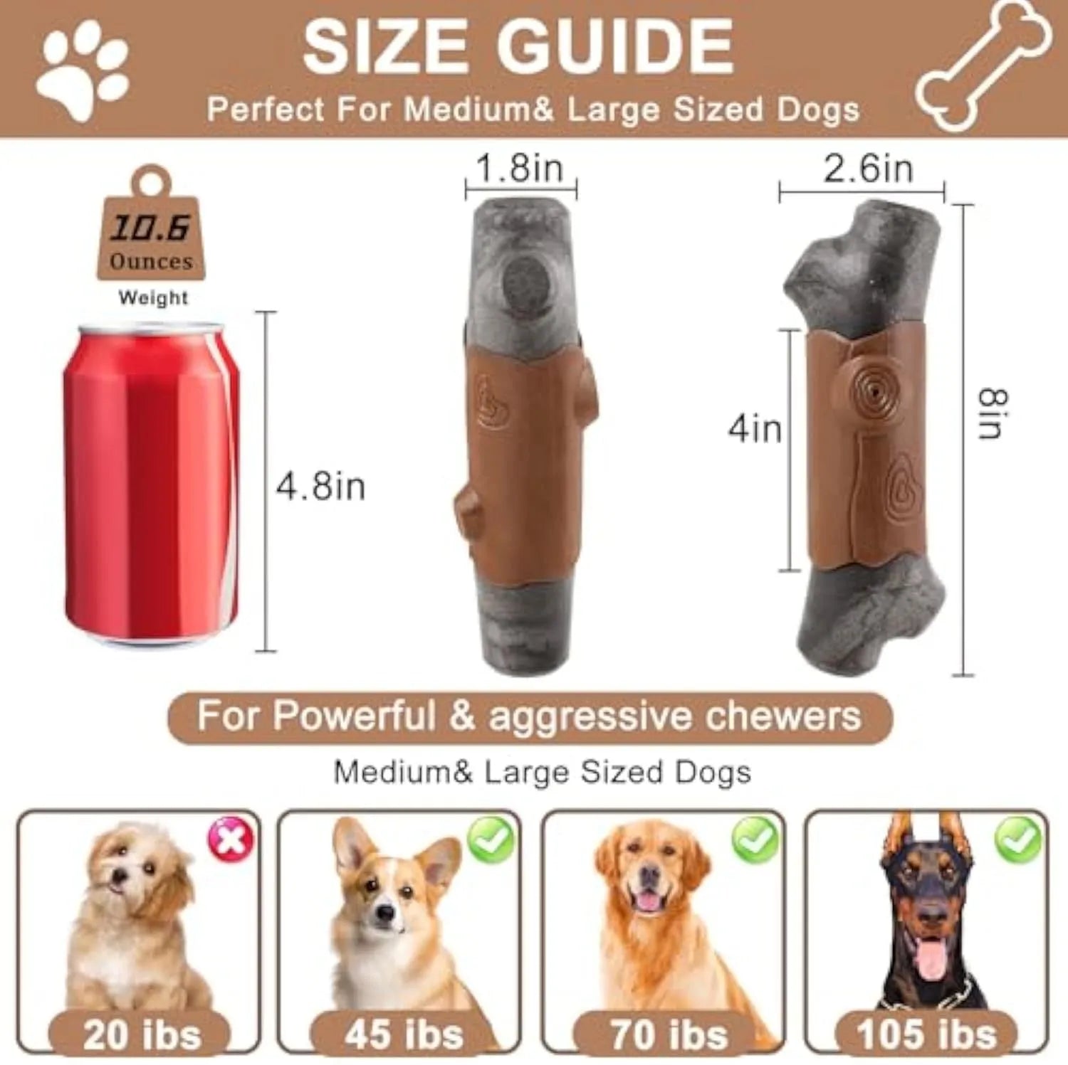 Branch-shaped bacon flavour dog chew toy with squeaker for large aggressive chewers.