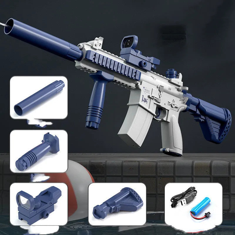 Blue automatic electric water gun with USB charging port held in a child's hand, ready for summer outdoor play.