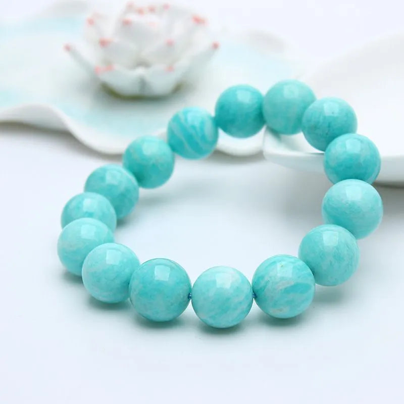 Green amazonite gemstone bead bracelet for men and women shown in three bead size options.