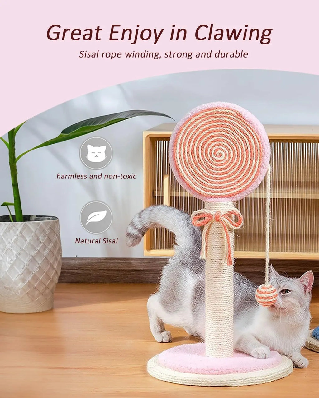 Blue cat scratching post with natural sisal rope and a hanging ball toy on a stable wooden base.