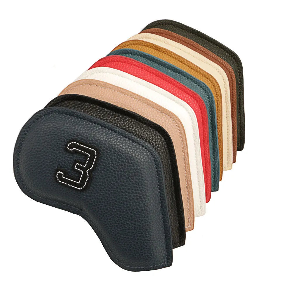 Set of 10 minimally digital printed PU golf club headcovers with a sporty outdoor storage bag.