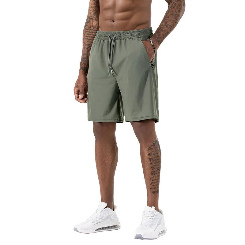 Men's black ice silk sports shorts with a drawstring high waist, shown on a manikin.