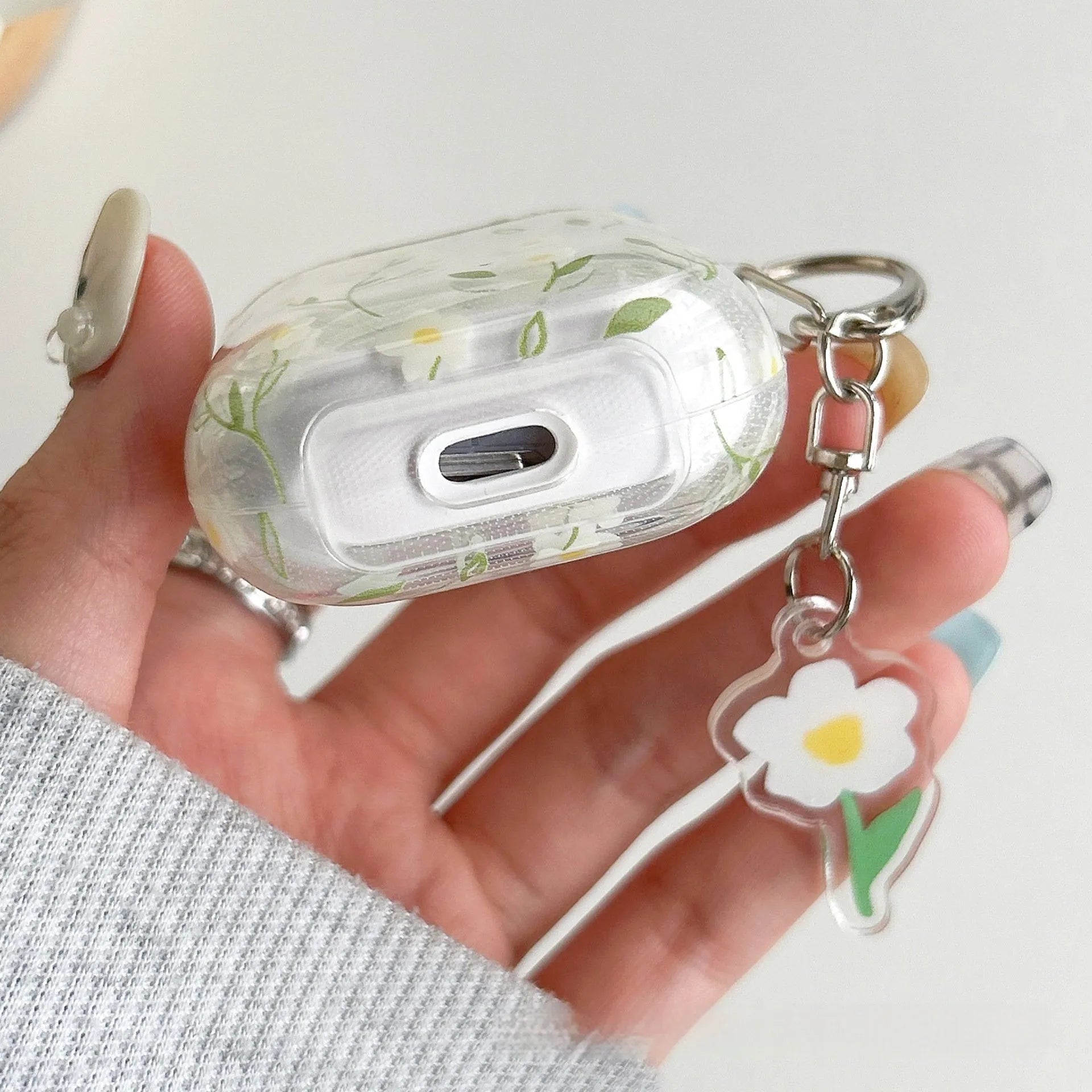 White floral design transparent TPU protective cover for Apple AirPods charging case